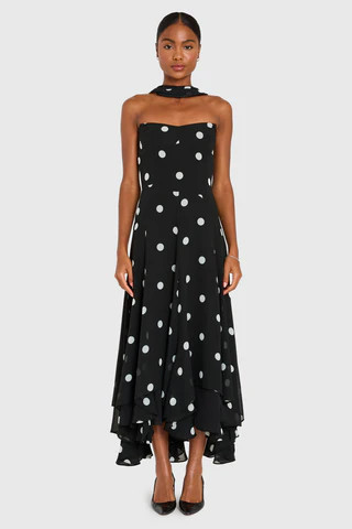 Amanda Uprichard Monterey Dress With Scarf in Polka Dot in Black Ivory - Size XS | Amanda Uprichard