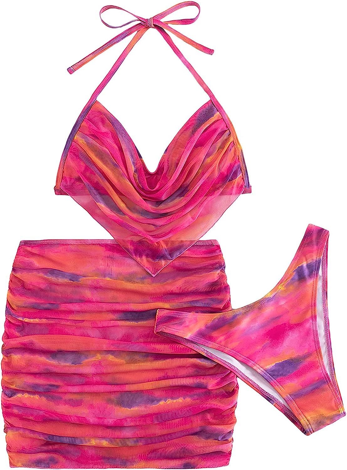 OYOANGLE Women's 3 Piece Tie Dye Swimsuit Ruched Halter Bikini Bathing Suit with Beach Skirt | Amazon (US)