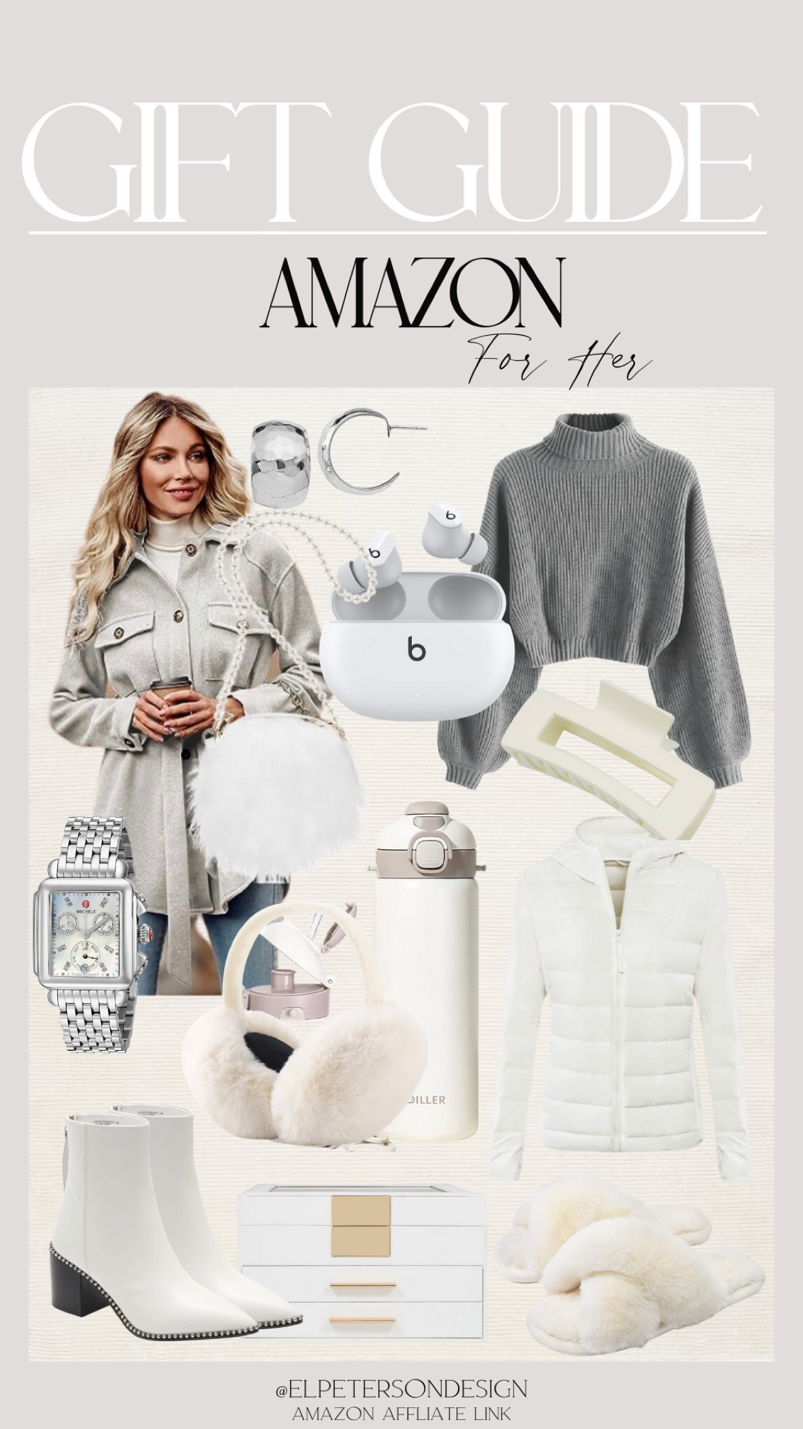 Jacket
Sweater
Earmuffs 
Watch
Earbuds
Claw clip
Flask
Earrings boots
Jewelry box
Small purse
Slippers

#LTKGiftGuide