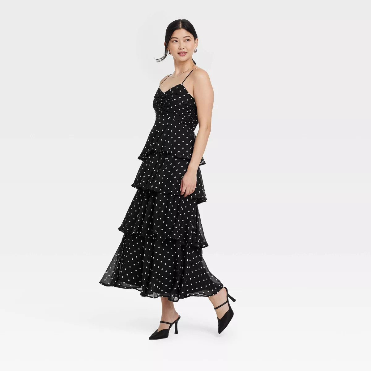 Women's Tiered Ruffle Maxi A-Line Dress - A New Day™ Black/White Polka Dots M: Sleeveless, Spag... | Target