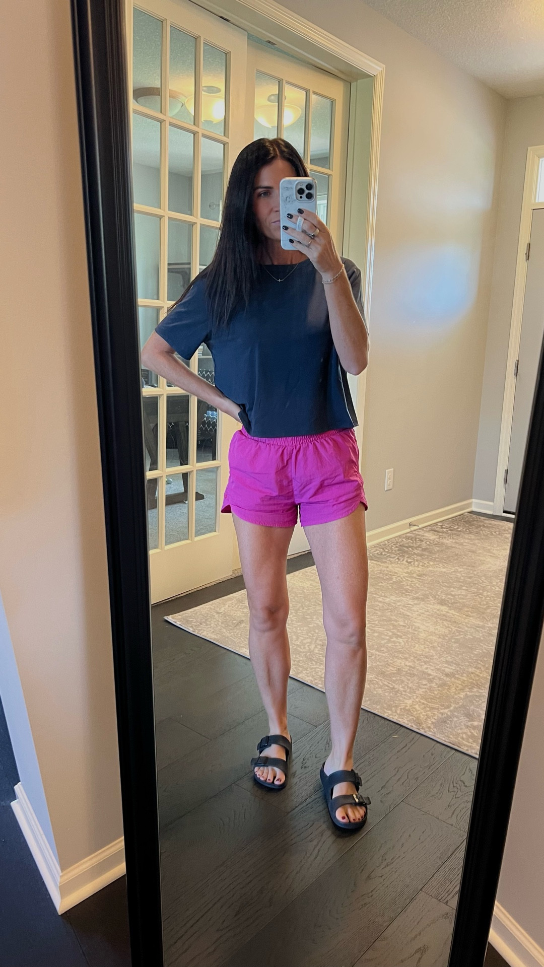 Not usually so impressed with an inexpensive tee! These are the beyond ease crewneck and they are SO GOOD. I got a royal blue color in the spring and have worn it a ton! I like them so much I grabbed black and this is the navy. Im wearing a size small, I have one in XS too. There’s currently a $10 off $40 sale too so a great time to stock up! 

#LTKOver40 #LTKSaleAlert #LTKActive