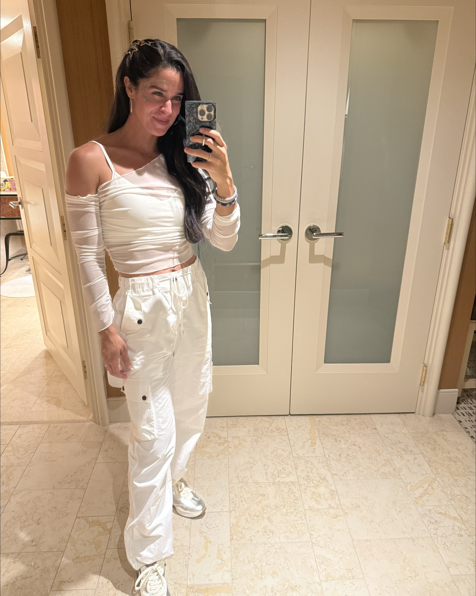 Everything was so comfortable, came fast and reasonably priced! 

Pants run TTS- wearing a Small
Tops runs TTS but I sized up one in the sports bra for comfort 
Shoes are TTS and soo comfy! 

Hard to see here but I did a combo of pull glittery hair clip ins and silver star clips  