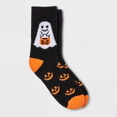 Women's Ghost Trick-or-Treat Cozy Halloween Crew Socks - Black 4-10 | Target