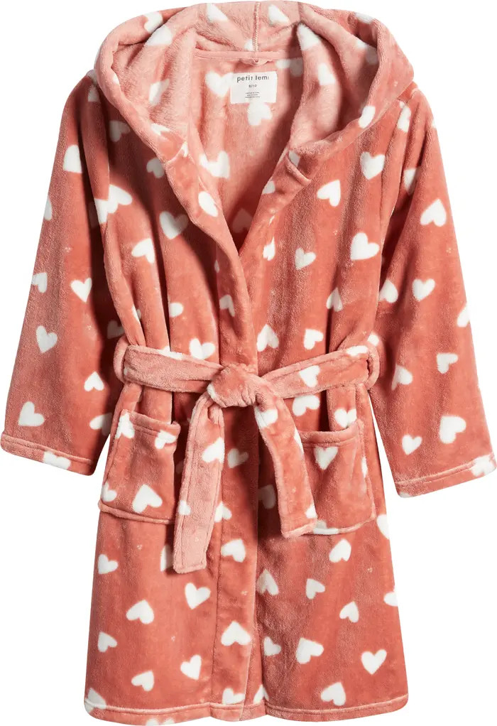 Kids' Heart Print Fitted Recycled Polyester Hooded Robe | Nordstrom