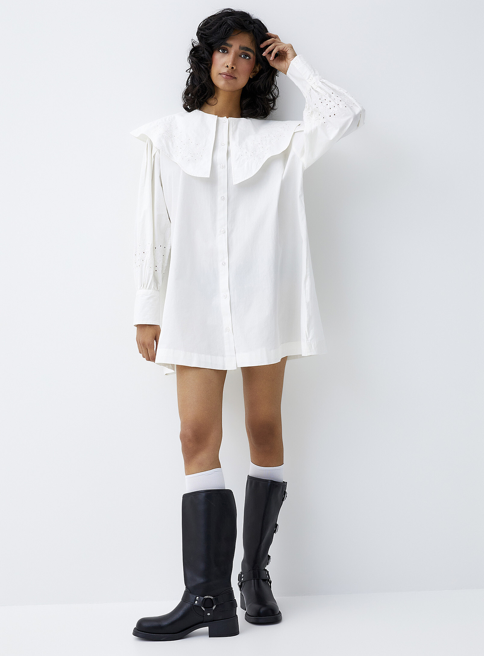 Damson Madder - Embroidered details oversized collar shirtdress (Women, White, 12) | Simons