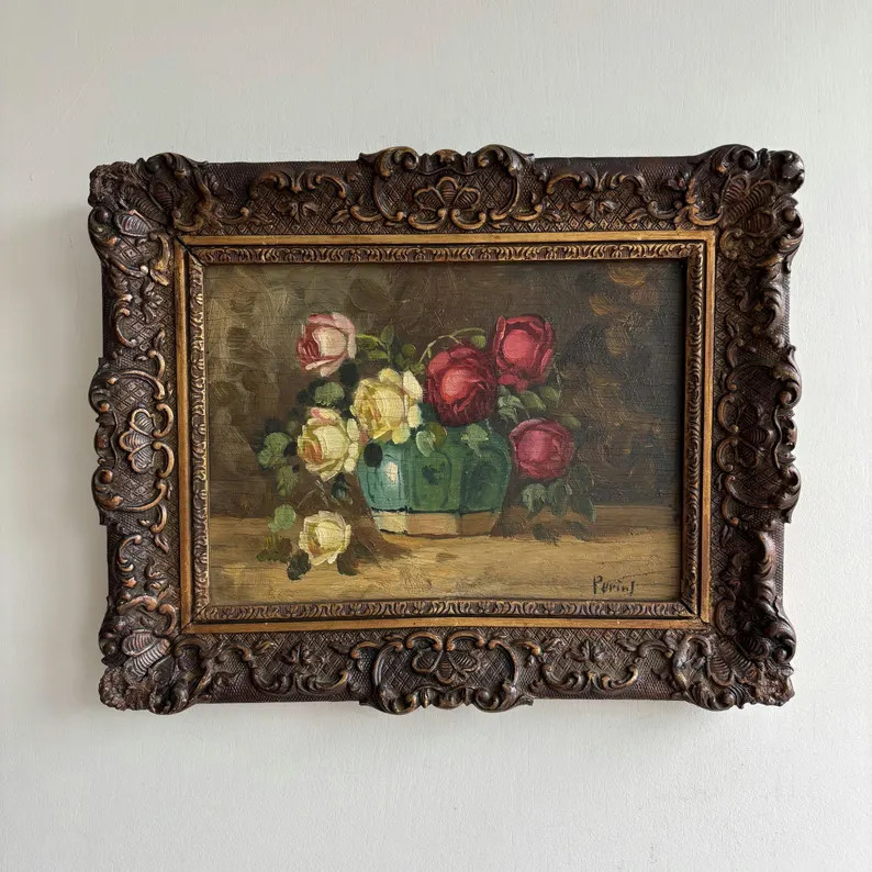 Antique Floral Still Life Oil Painting "Rose Vase" Handcrafted Small Artwork | Etsy (Global)