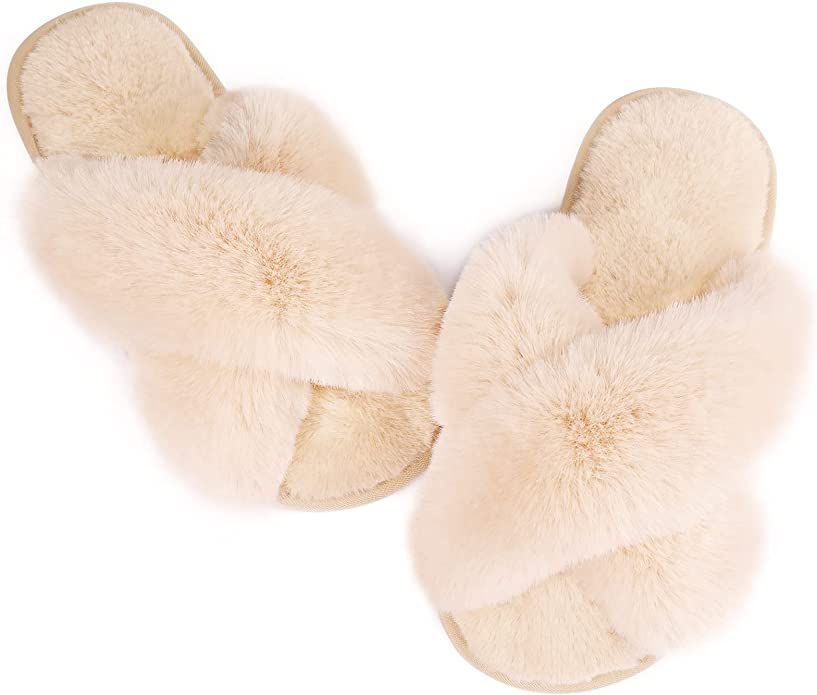 Womens Fuzzy Memory Foam Slippers - Ankis Cross Band Cozy Plush Home Slippers Fluffy Furry Open T... | Amazon (US)