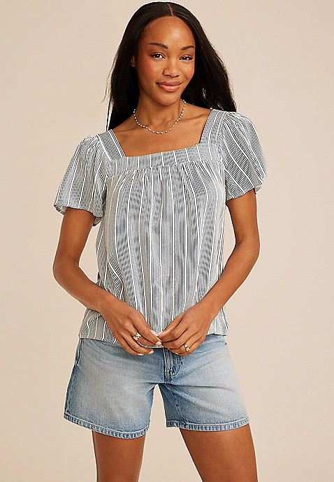 Striped Square Neck Short Sleeve Blouse | Maurices