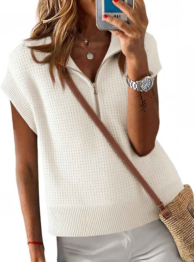 Langwyqu Womens Short Sleeve Cropped Knit Tops Half Zip Cap Sleeve Lightweight Oversized Sweater ... | Amazon (US)