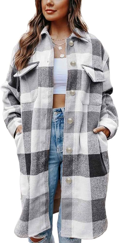 Springrain Women's Casual Plaid Wool Blend Shacket Button Shirt Long Jacket Coat | Amazon (US)