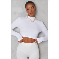 White Basic Soft Ribbed High Neck Long Sleeve Crop Top | PrettyLittleThing US