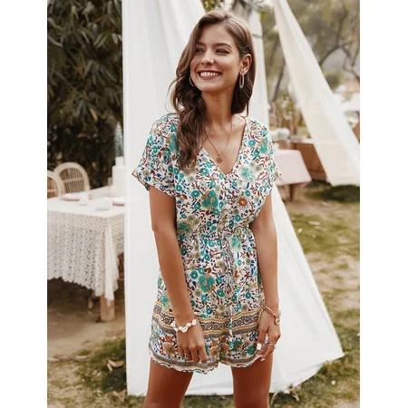 Women's Causal Summer Rompers Floral Print Short Sleeve Elastic Waist Loose Tank Jumpsuit with Pocke | Walmart (US)