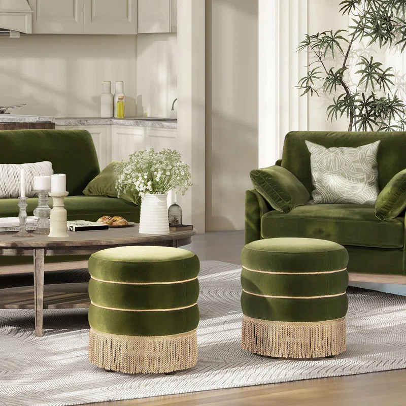 Edward 17.5" Round Upholstered Ottoman With Bullion Fringe | Wayfair North America