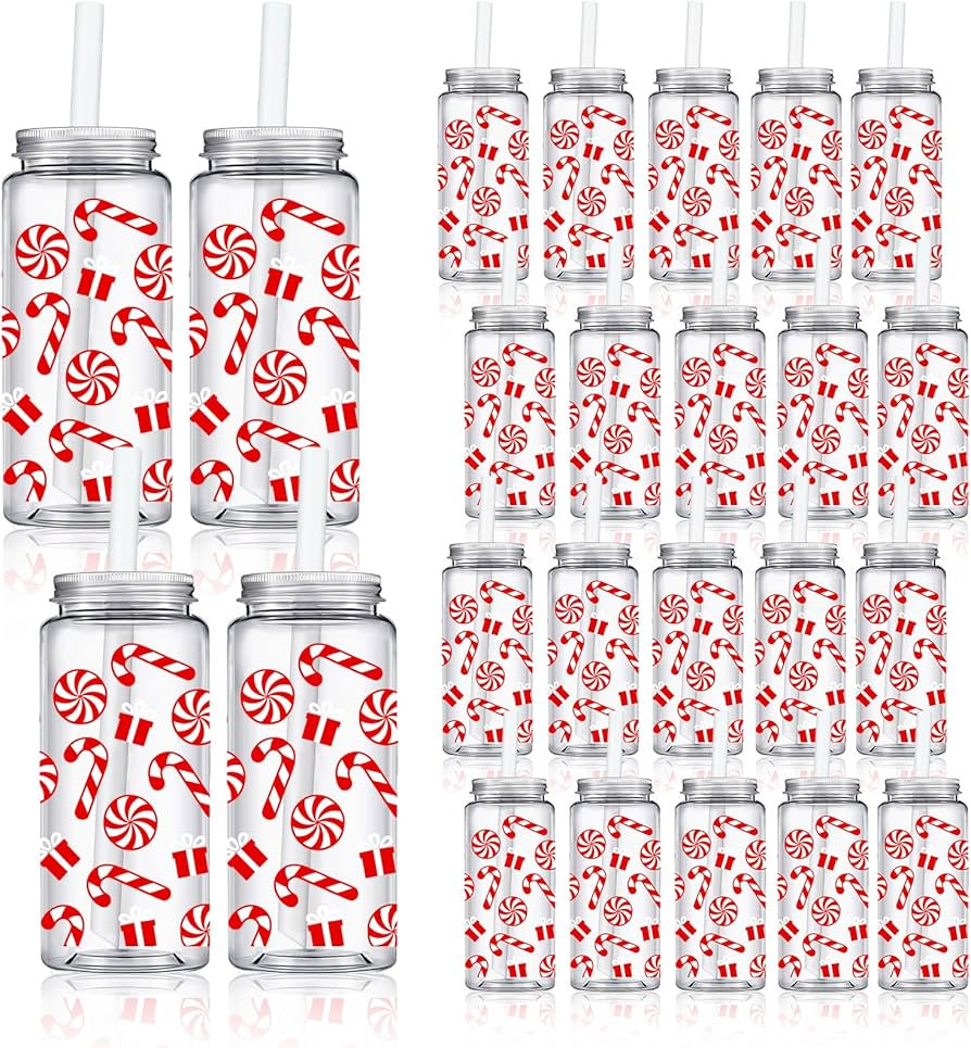 Whaline 20Pcs Christmas Candy Plastic Cups with Lids and Straws Clear Xmas Winter Party Drinking ... | Amazon (US)