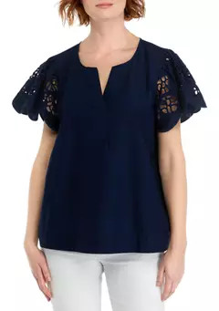 Women's Solid Embroidered Sleeve Top | Belk