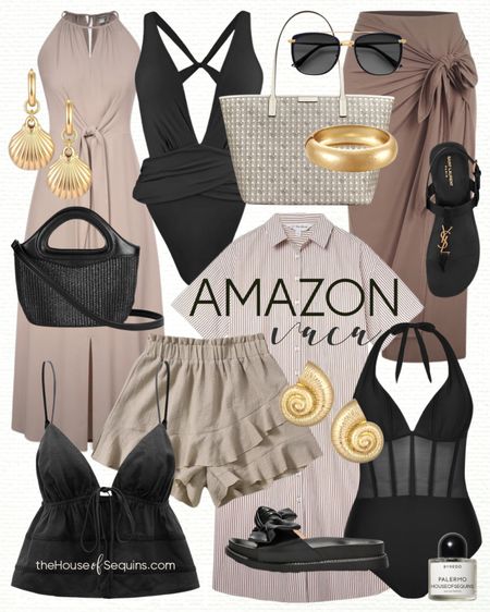 Shop these Amazon Vacation Outfit and Resortwear finds! Beach travel outfit, Swimsuit coverup, maxi dress, shirt dress, ruffle shorts, matching set, raffia bag, straw bag, Tory Burch tote bag, beach bag, Saint Laurent sandals, gold shell earrings and more! 

#LTKSeasonal #LTKtravel #LTKswim