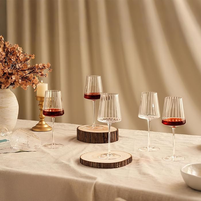 Ribbed Wine Glasses Set of 6: 13.5oz Cute Hand Blown Lead-Free Crystal Long Stem Red Wines Cups f... | Amazon (US)
