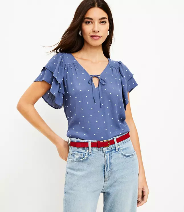 Heart Tie Neck Flutter Sleeve Top | LOFT