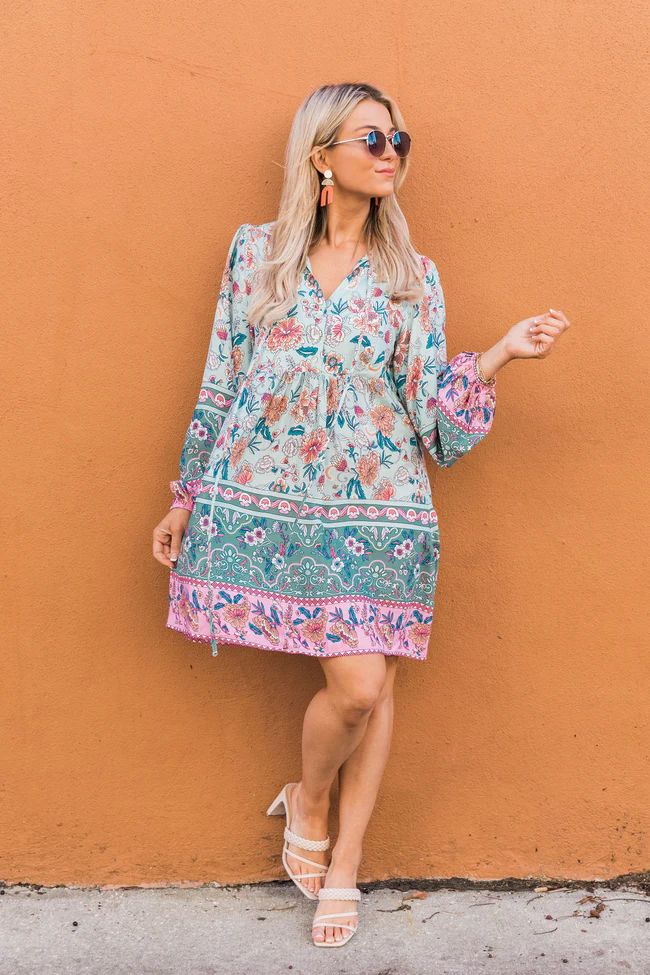 Sunset Chaser Blue Printed Mini Dress | The Pink Lily Boutique