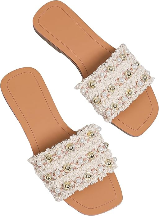 GORGLITTER Women's Faux Pearls Decor Flat Sandals Color Block Open Toe Leather Slide Sandals | Amazon (US)