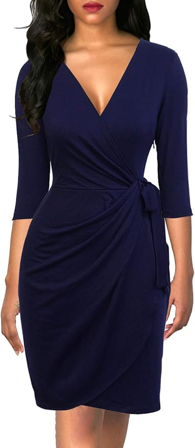 Berydress Women's Classic 3/4 Sleeve V Neck Sheath Casual Party Work Faux Black Wrap Dress | Amazon (US)