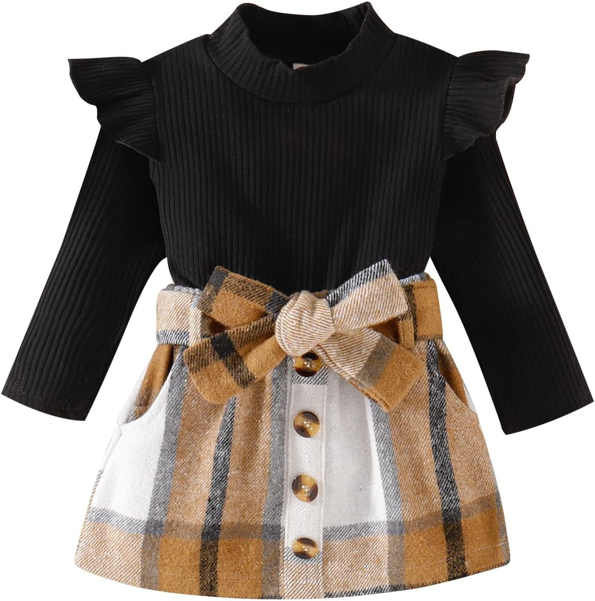 fhutpw Baby Toddler Girl Outfits Fall Winter Clothes Turtleneck Knitted Cotton Long Sleeves Tops & Button Mini Skirts Set | Amazon (US)