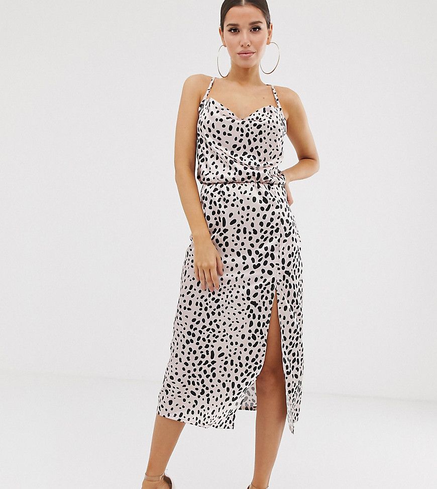 PrettyLittleThing midi dress with cowl neck in light pink leopard satin-Multi | ASOS (Global)