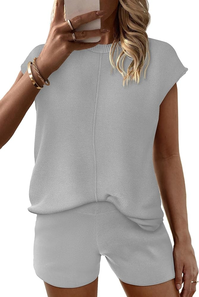 Ekouaer Women's Pajamas Cap Sleeve Knit Lounge Set 2 Piece Soft Pjs Loungewear Sweater Sets | Amazon (US)