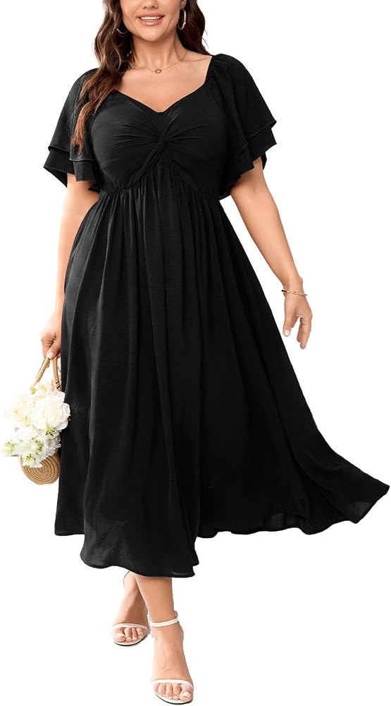 SCOMCHIC Women's Plus Size Wedding Guest Cocktail Dresses Sweetheart Neckline Ruffle Sleeve A Lin... | Amazon (US)