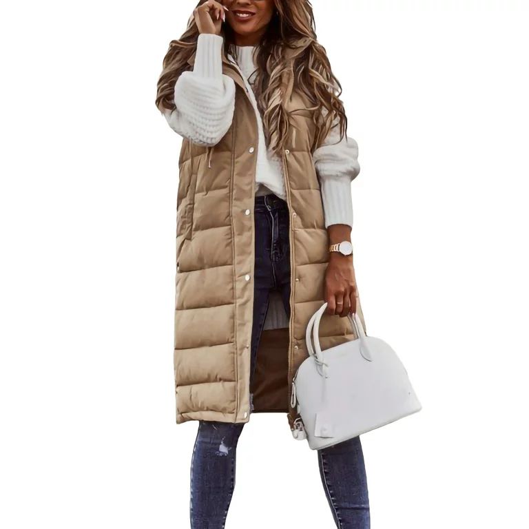 RSRZRCJ Women's Long Down Vest Sleeveless Warm Jacket Winter Thick Slim Zipper Coat Outdoor Puffe... | Walmart (US)