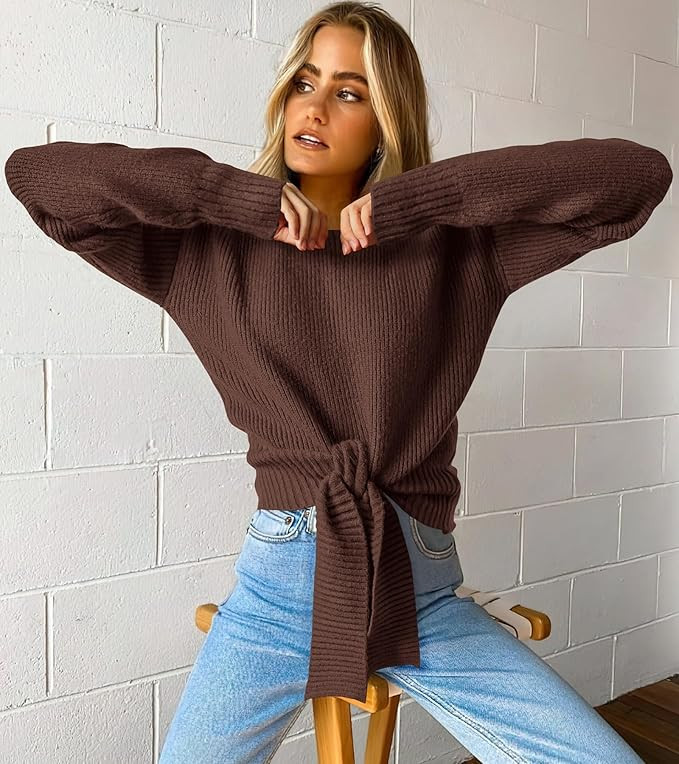 Okiwam Women's Long Sleeve Cropped Sweaters Casual Knit Pullover Tie Front Crew Neck Fall Outfits... | Amazon (US)