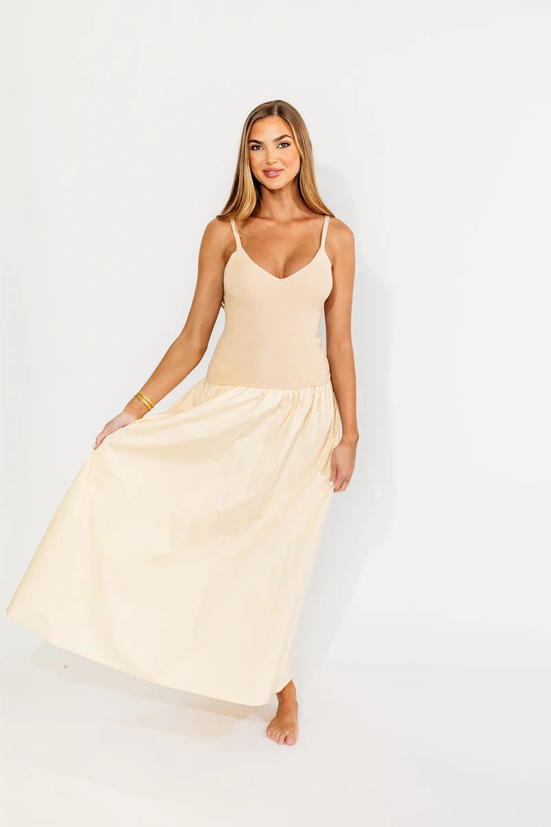Gaby V-Neck Mixed Media Maxi Dress in Cream | Worth Collective
