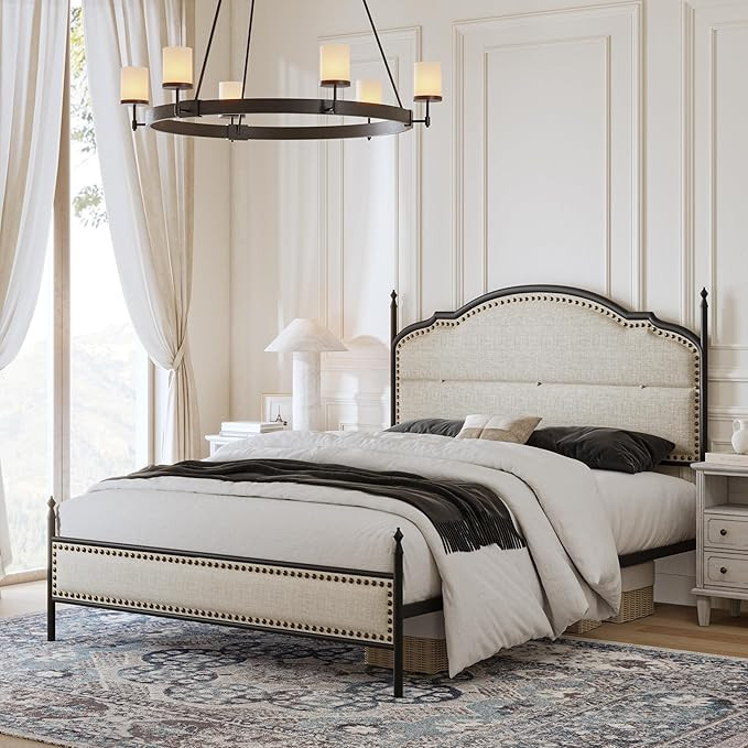 EcoHarbor Queen Bed Frame with Headboard, Farmhouse Metal Platform Bed Linen Upholstered Bed Fram... | Amazon (US)