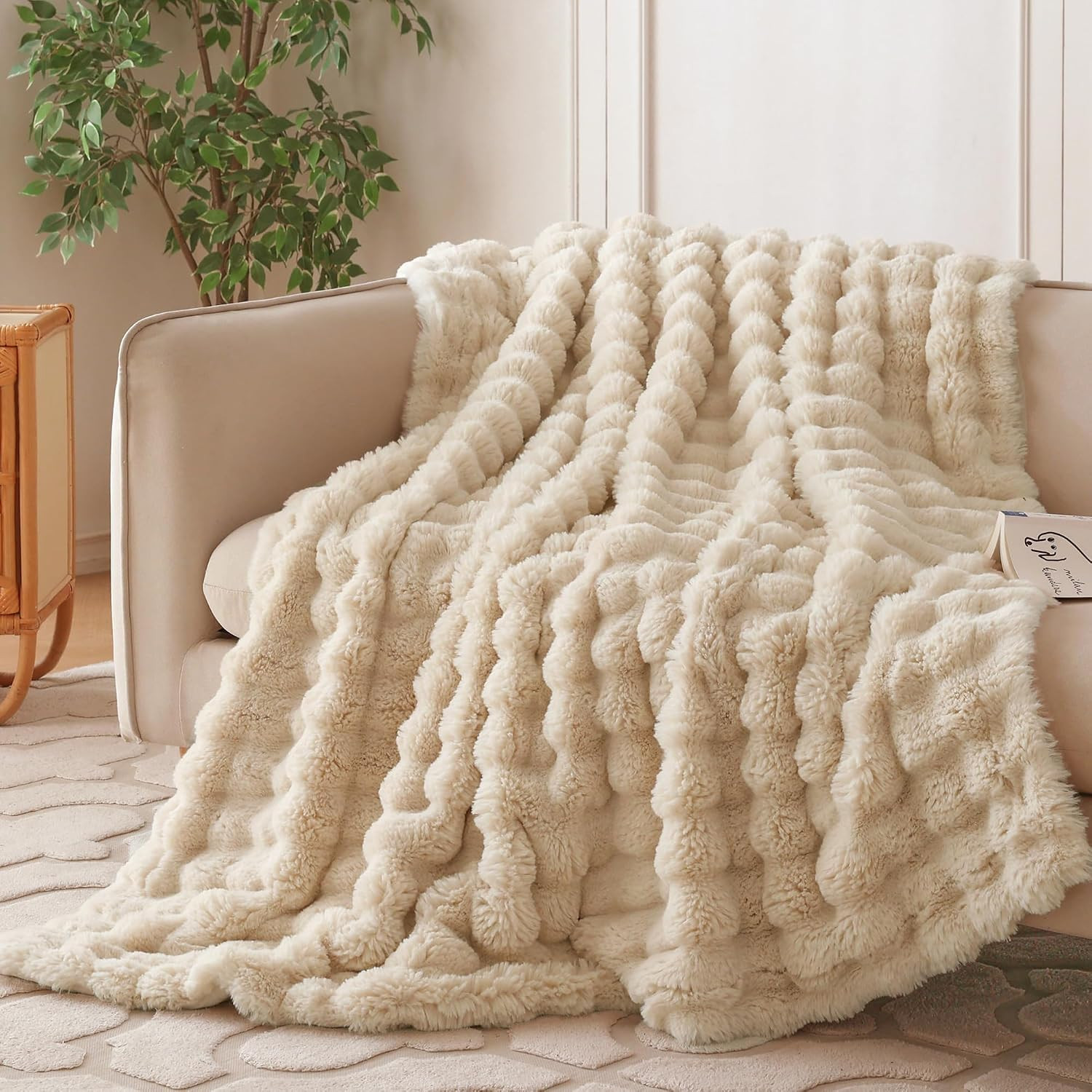 COOVA Soft Bubble Faux Fur Throw Blanket, 50"x60", Light Taupe | Amazon (US)