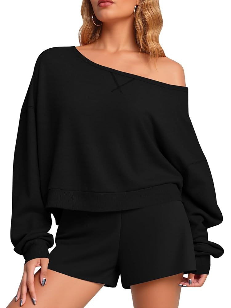 Fisoew Womens Off The Shoulder Crop Tops Casual Long Sleeve Oversized Fall Pullover Sweatshirts | Amazon (US)