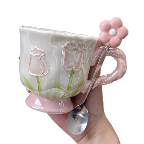 DTIUYIOP Large Ceramic Coffee Mug Pink Cute Flower,with and Spoon,Flower Mugs with Handle,Floral Girly Mugs,Breakfast Milk Oatmeal Cup,Girl Gift,14oz/410ml ，(Pink) | Amazon (US)