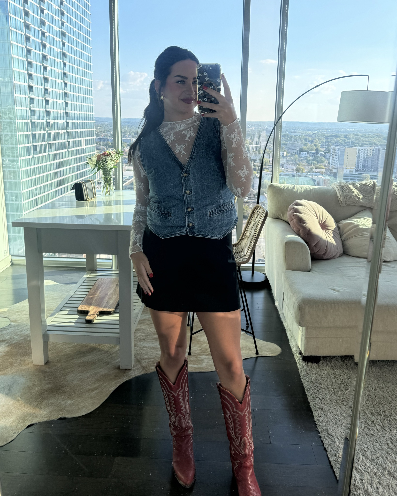 Nashville Outfit 💖

Black mini skirt, cowboy boots, denim vest, lace top 

#LTKFallSale #LTKU #LTKSeasonal