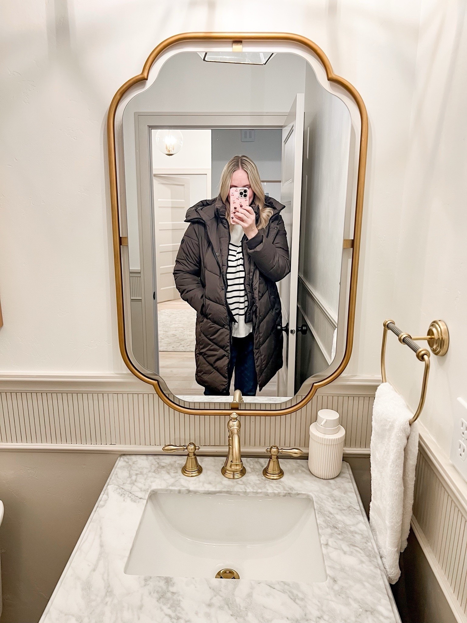 This mirror from Wayfair elevates our bathroom so much. I absolutely love the gold metal design 🫶🏻 Both the mirror & faucet are from @wayfair! 

Home decor - Bathroom mirror - Gold mirror - Wayfair finds - Bathroom essentials - Style tips - Interior design - Sink faucet - Mirror - Trendy home finds 

#LTKStyleTip #LTKHome