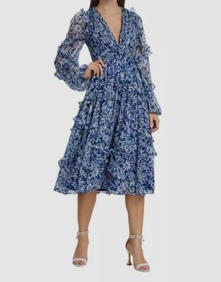 $695 Badgley Mischka Women's Blue Floral Ruffle Midi-Dress Size 14  | eBay | eBay US