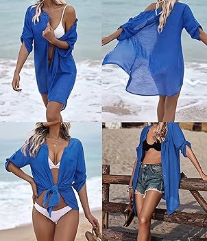 AI'MAGE Women's Swimsuit Cover Ups Shirt V-Neck Button Down Bathing Suit Coverups Beach Tunic Top... | Amazon (US)