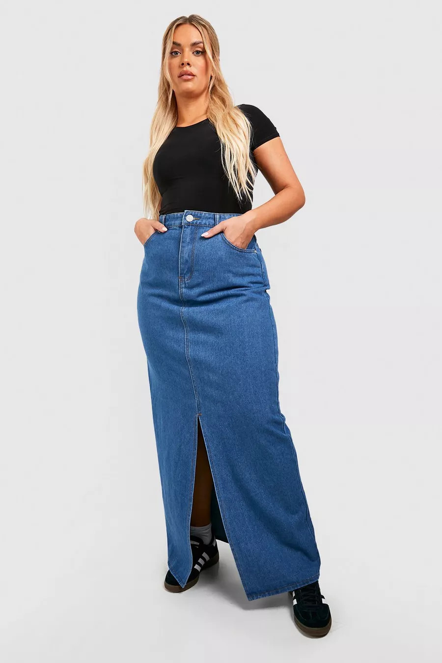 Plus Denim Split Front Maxi Skirt | Boohoo.com (US & CA)