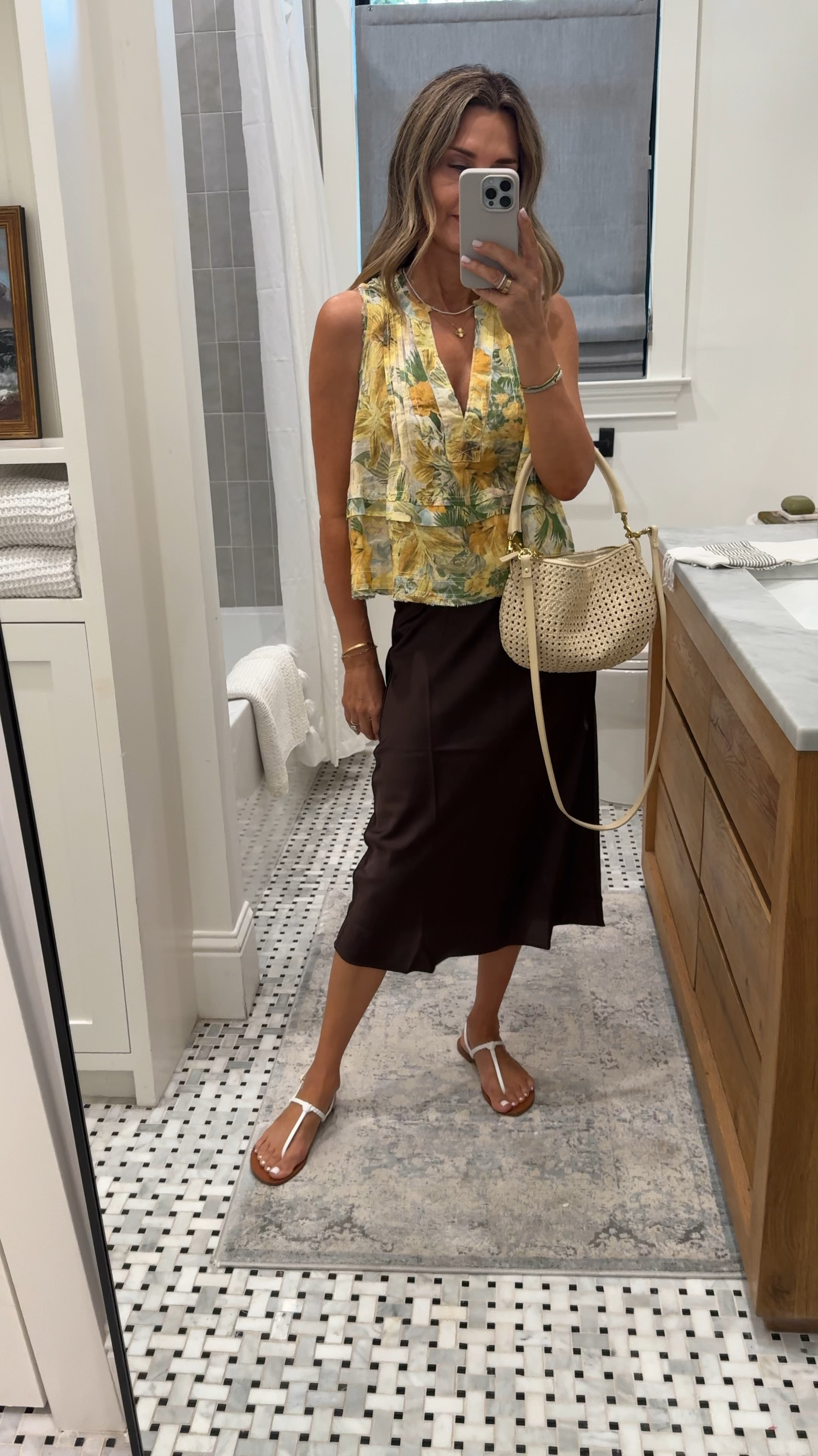 -Anthro linen blouse sz S so it’s longer and lower in the front . 
-Jcrew skirt sz XXS or XS 
-Claire V bag 

#LTKStyleTip #LTKOver40 #LTKTravel