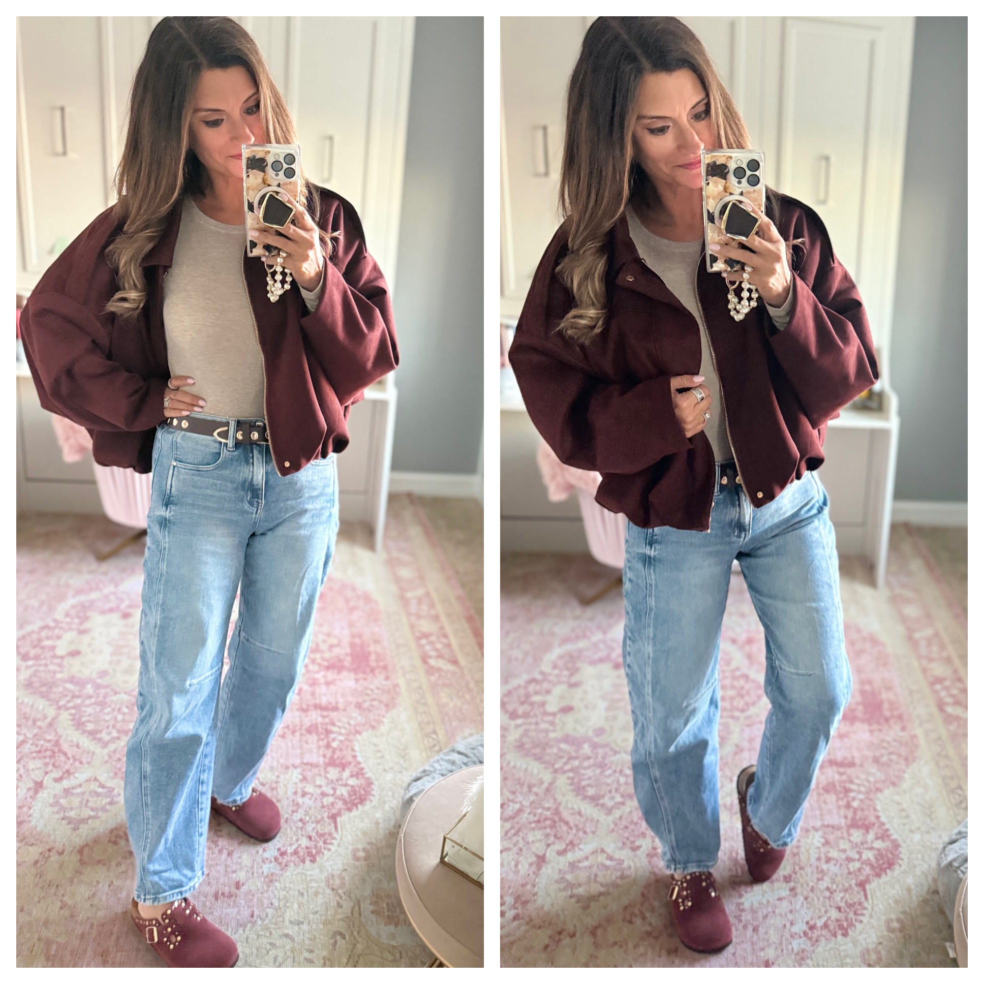 Casual outfit with a burgundy jacket and barrel jeans 

 #LTKOver40