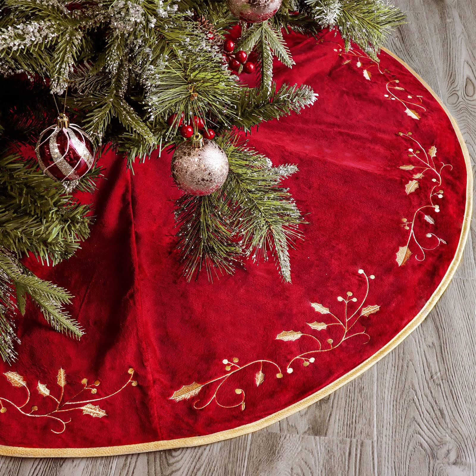 Christmas Tree Skirt, 48 inches Red Luxury Velvet Plush Fur Skirts with Gold Embroidered Holly Le... | Amazon (US)