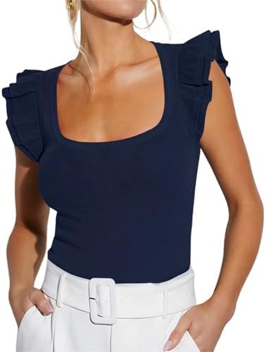 BONITEE Women Summer Ruffle Tops Sexy Square Neck Short Sleeve Shirts Trendy Casual Ribbed Slim F... | Amazon (US)