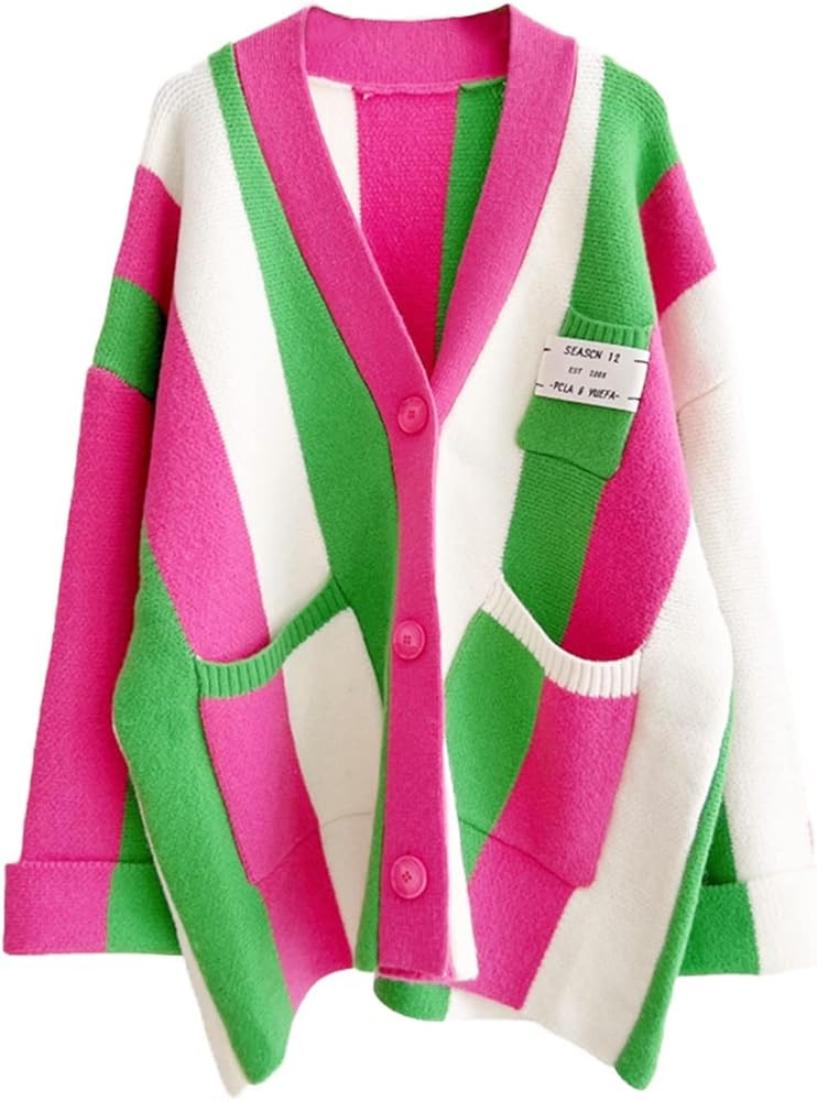 Xaspee Winter Long Sleeve Cable Knitted Color Block Boho Striped Sweater Cardigans Chunky Rainbow... | Amazon (US)