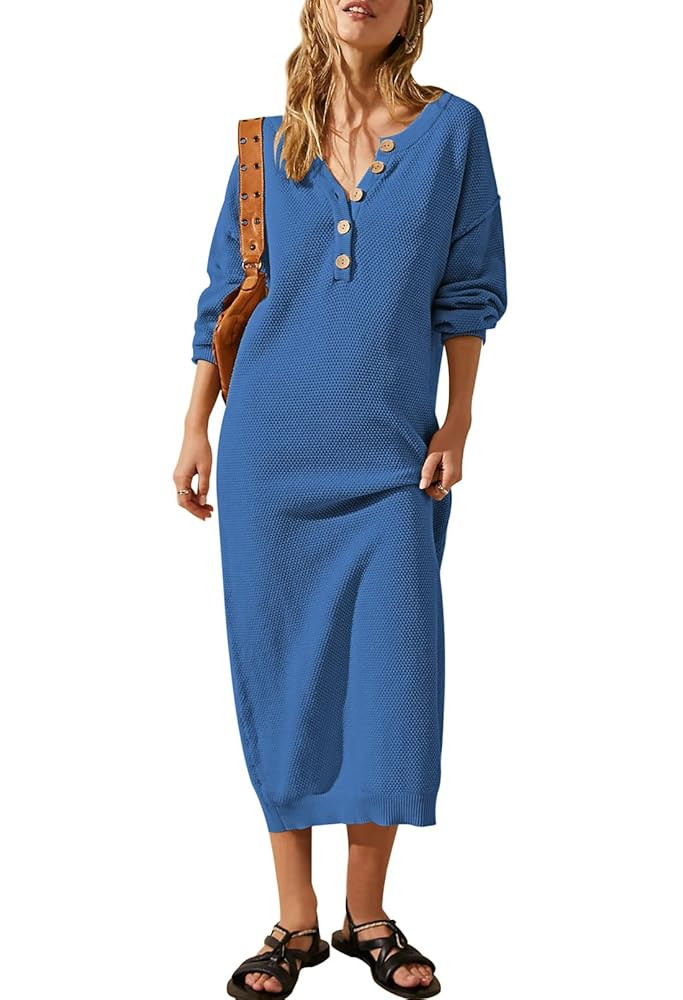 Pink Queen Women's 2025 Sweater Dresses Button V Neck Batwing Long Sleeve Oversized Waffle Knit M... | Amazon (US)