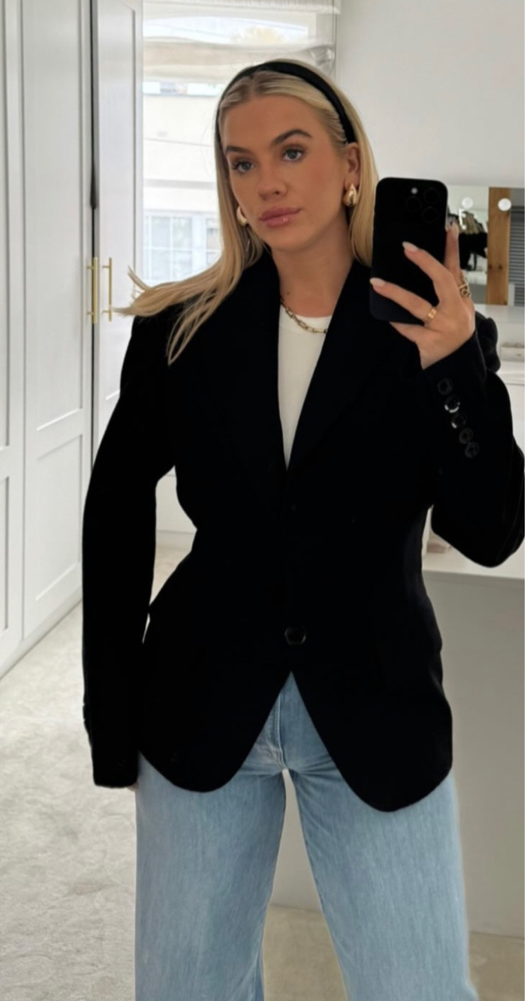 Black blazer, white tshirt, blue jeans, black headband

#LTKSeasonal #LTKeurope #LTKstyletip