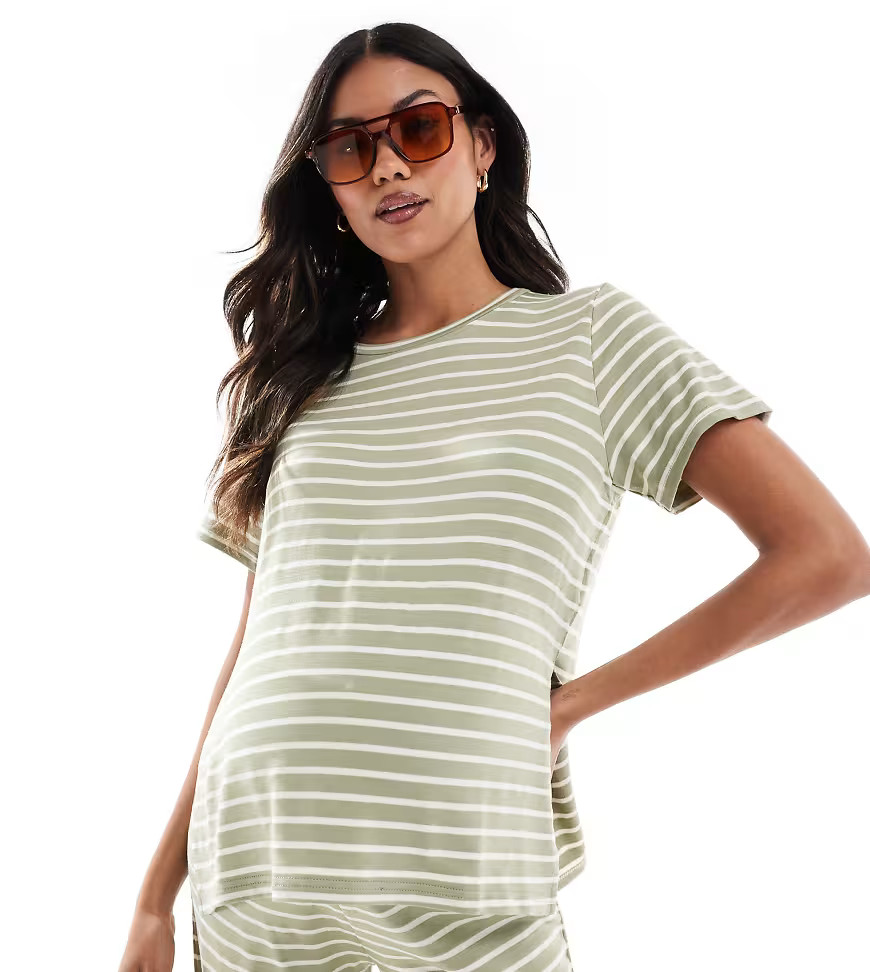 Mamalicious Maternity t-shirt in khaki green stripes - part of a set | ASOS (Global)