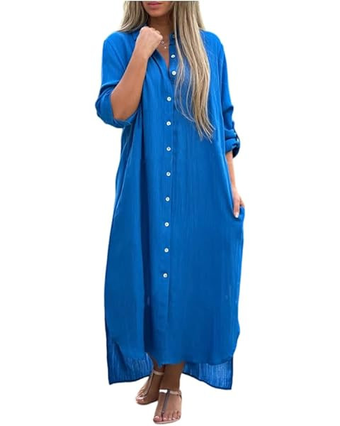 Women's Summer V Neck Long Dress Long Sleeve Solid Casual Maxi Dress Trendy Shirt Dress with Pock... | Amazon (US)